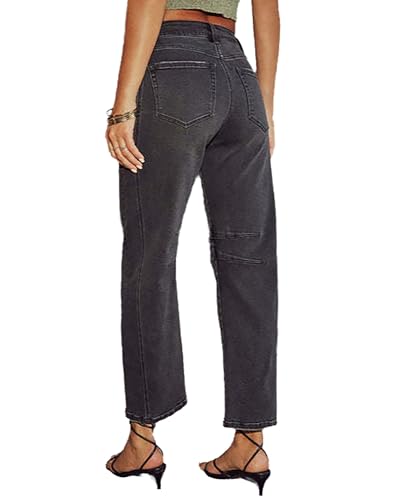 Barrel Jeans for Women Trendy Mid Rise Stretchy Loose Fit Washed Distressed Straight Leg Denim Pants3