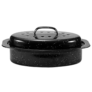 JY COOKMENT Granite Roaster Pan, Small 13” Enameled Roasting Pan with Domed Lid. Oval Turkey Roaster Pot, Broiler Pan Great for Small Chicken, Lamb. Dishwasher Safe Cookware Fit for 7Lb Bird