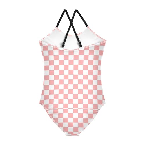 Image of Black and White Chess Girls One Piece Swimsuits Board Marble Tile Sport Halter Swimwear Beach Bathing Suit 3T