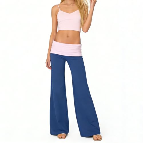 Image of Lounge Yoga Pants for Women Fold Over Low Waist Wide Leg Bell Bottoms | Y2K Foldover Pants, Flare Leggings, Low Rise Yoga Sweatpants