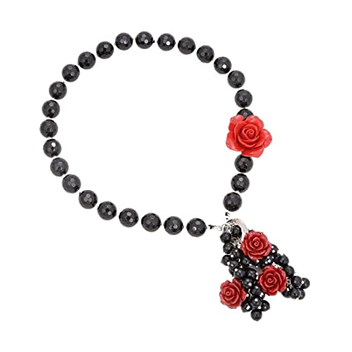 Collier en onyx noir 14mm et pendentif fleur rouge pour femme