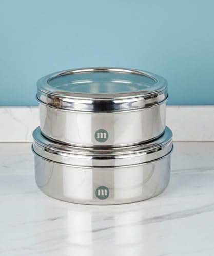 Image of MARU Stainless Steel Round Storage Containers Fod Kitchen Set of 2 Pcs (1.6Ltr & 2.2Ltrs), Stackable & Durable Storage Dabba Set With See-through Lids, Multipurpose Canister For Chapati & Puri Dabba