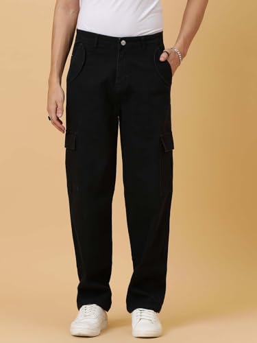 Image of KOTTY Men's Loose Fit Cargo Denim Jeans - Vintage Washed Utility Jeans with Side Pockets