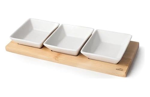 LACOR – 61240 – bambubricka, 100% bambu och porslin snacksbricka, 3 fack, enkel rengöring, diskmaskinssäker, perfekt för servering av mellanmål, varje skål: 100 ml