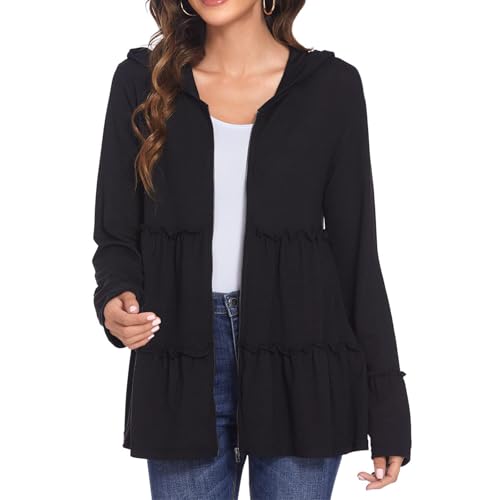 Full Zip Up Hoodie Women Pleated Tiered Ruffle Hooded Sweatshirt Lightweight Open Front Cardigan Coat Casual Jacket2