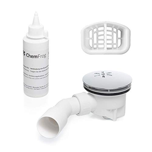 Set Trapflex para plato de ducha: juego de desagüe Viega Tempoplex 6956EX en cromo con Ø 90 mm + colector de cabellos + lubricante sanitario+ Cubierta de cromo