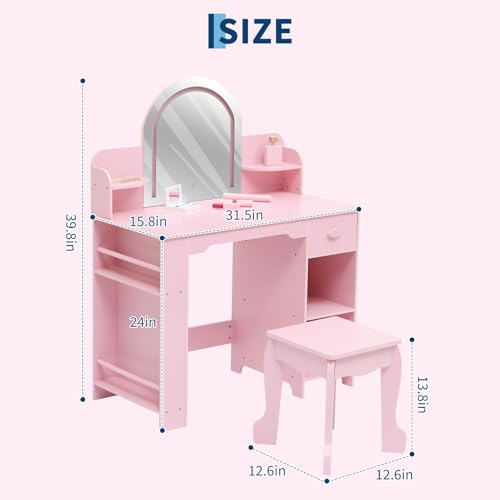 Garvee Kids Vanity with Lighted Mirror & Stool, Little Girls Vanity with Adjustable LED Light, Bookshelf, Storage Drawer & Shelves for Girls 3-9, Pink