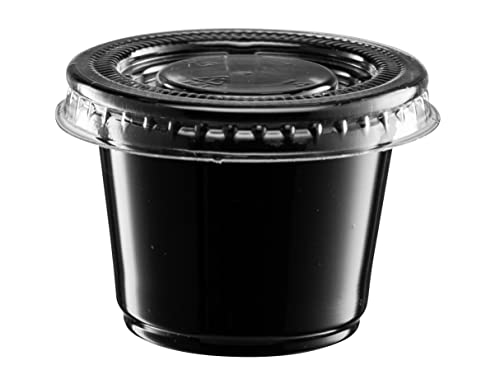 Image of {1 oz - 100 Sets} Black Diposable Plastic Portion Cups With Lids, Small Mini Containers For Portion Controll, Jello Shots, Meal Prep, Sauce Cups, Slime, Condiments, Medicine, Dressings, Crafts, Disposable Souffle Cups & Much more