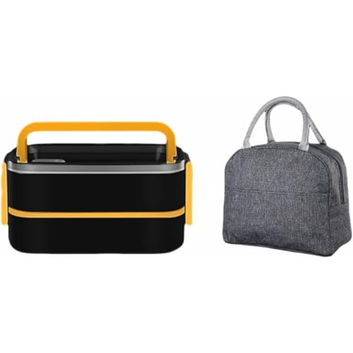 304ステンレス製 保温ランチボックス 防漏 2段3分割 電子レンジ対応 携帯用お弁当箱 学生用 上班用 シリコン密封 キッチン収納保鮮ボックス (ブラック)