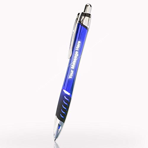 Custom Laser-Engraved Metal Ballpoint Pens With Illuminated Engraving & Grip in Sapphire Blue Color - Click Pen to Illuminate Your Message!