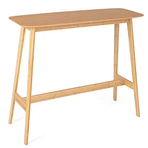 LIFEZEAL Mesa de Bar de bambú, Mesa Alta Cocina con reposapiés, Mesa de Comedor de pie Minimalista, 120 x 45 x 99 cm, Mesa Estrecha Auxiliar para Bar, Sala de Estar, Pasillo, balcón