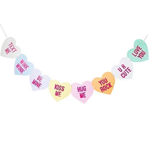 Image of FestikoConversation Candy Hearts Banner, Eight Valentines Day Heart Sayings Garland Decorations, six feet Long