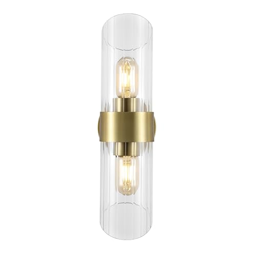 Image of SAFAVIEH Lighting Collection Eytan Clear Glass /Brass Vertical Wall Sconce Set of 2 Light Fixture, Ideal for Bathroom, Entryway, Vanity, Foyer, Hallway, Living Room (LED Bulbs Included)