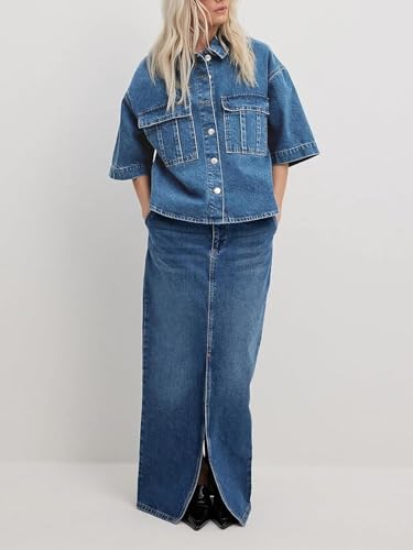 Imily Bela Womens Cropped Denim Jackets Oversized Fall Casual Short Sleeve Jean Shirts Shackets with Pockets