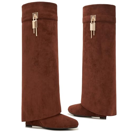 Image of Fold Over Boots for Women Pointy Pull-on Wedge Heel Knee Shark Boot With Side Zipper Padlock Design