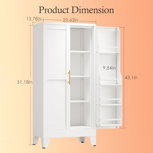 Image of White Pantry Storage Cabinet, 48 inch Kitchen Pantry with Doors and 3 Adjustable Shelves, Metal Freestanding Buffet Cupboards Sideboard, for Office, Home, Garage, School