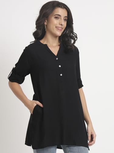 Image of Women's Roll-Up Sleeve Tunic Top, V-Neck with Button Front, Side Pockets, Rayon Short Kurti