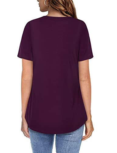 Youtalia Short Sleeve Tunic Blouses For Women, Juniors Work Shirts Elegant Business Casual Tops Ladies Fashion Pleated Blouses Casual V Neck Blouses Polyester Summer Shirts Burgundy X-Large #TOP3