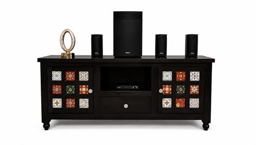 Image of Solid Sheesham Wood TV Entertainment Unit 1 Drawer 2 Door Cabinet with Handcrafted Multicolor Tile Design (Walnut)