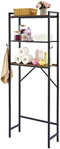 Hoctieon 3-Tier Over The Toilet Storage,Multifunctional Bathroom Organizer,Wood Bathroom Shelf, Metal Freestanding Toilet Rack with Hooks,Washroom Shelves, Space Saver, Rustic Brown