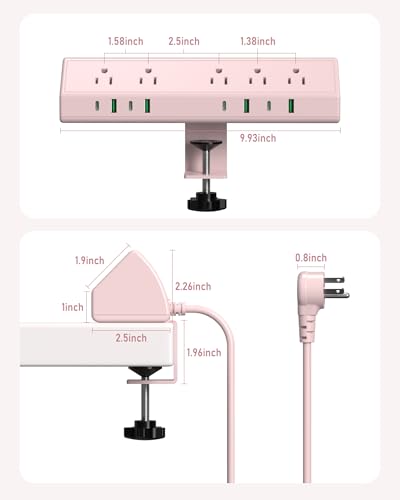 Image of Jgstkcity Desk Clamp Power Strip USB C 65W,Surge Protector,Pink | Surge Protector,5 Outlets,1875W Extension Cord,ETL Listed,Outlet Extender Desk Organizer,Office,Gaming,Dorm