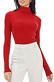 Trendy Queen Womens Turtleneck Long Sleeve Shirts Mock Neck Fall Fashion Basic Layering Tight Stretch Thermal Underwear Scrub Fashion Outfits Business Clothes Red