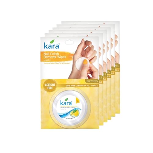 Image of Kara Nail Polish Remover Wipes Lemon - 30 Pulls (Pack of 6)| Travel-Friendly | Enriched with Olive Oil & Vitamin E | Acetone Free | One Wipe Cleans 10 Nails