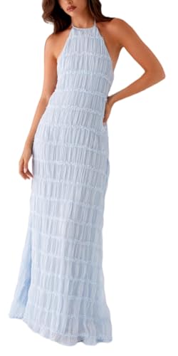 Image of Women Summer Halter Neck Maxi Dress Flowy Ruffle Tiered Sleeveless Sundress Boho Backless Spaghetti Strap Long Dress
