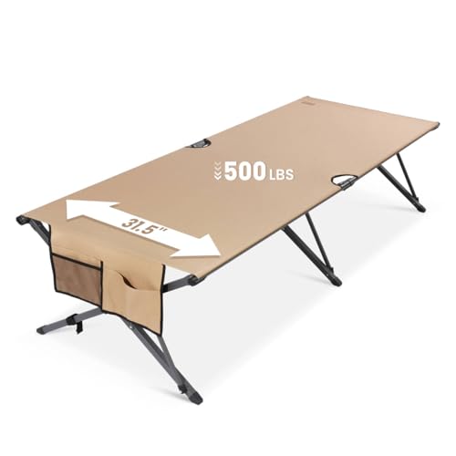 HOMECALL 31.5 Heavy Duty Camping Cot for Adults 450 lbs Capacity Supports Up to 6.9ft Military Folding Portable Cot with Carry Bag for Camping Travel Guest & Emergency Use Desert Tan