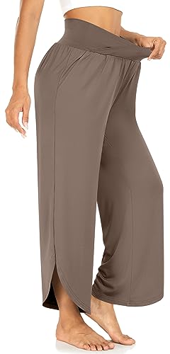 Image of TARSE Women's Wide Leg Yoga Pants Cross High Waist Flowy Split with Pockets | Comfy Lightweight Stretch, Flare Hem Cropped, Loose Dance Pants, Travel & Lounge, Everyday Casual Wear