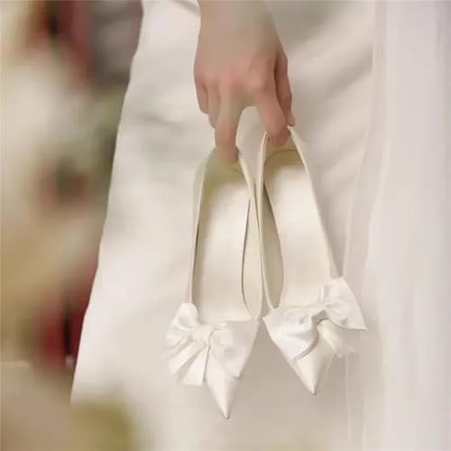 Women's Elegant Satin Bow Tie Closed Toe White Heels Comfortable Formal Dress Stiletto High Heels Pumps Wedding Shoes4