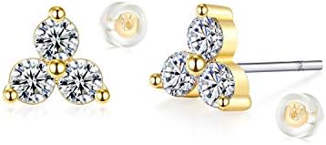 MYEARS Women Trio Stud Earrings Gold Three Diamond Cubic Zirconia Cluster Flower 14K Gold Filled Small Simple Handmade Hypoallergenic Everyday Jewelry