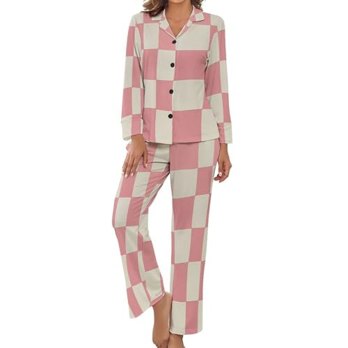 Pyjama femme damier rose et blanc ensemble 2 pièces chemise et pantalon fluide grande taille