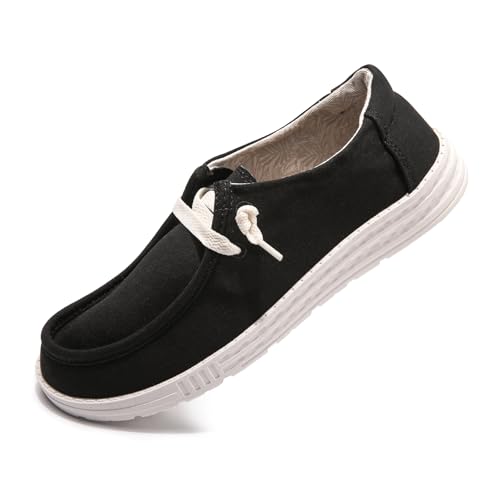 Vayfio Womens Slip On Loafer Outdoor Sneakers Causal Low Top Canvas Flat Comfortable Fashion Walking Shoes, Black, 7 US Women