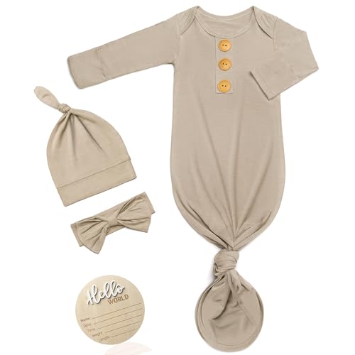 Soft Baby Knot Gown 0-3 Months, Newborn Announcement Sleepers With Mitten Cuffs and Personalized Wooden Name Tag (Khaki)