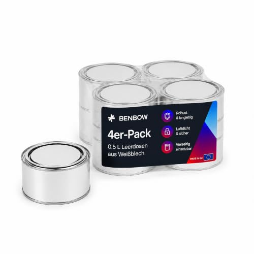 BenBow Weißblechdose 4x 500 ml mit Eindrückdeckel - luftdicht, undurchsichtig, leer, rund - Aufbewahrungsbehälter