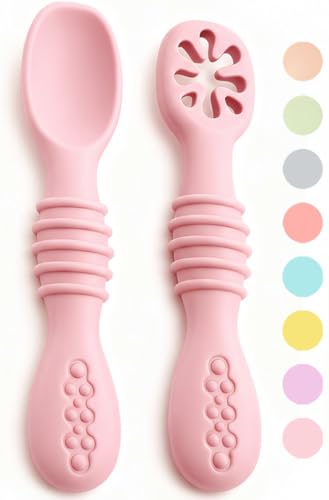 VegMai® PreCucharas Para Bebes. Cucharas BLW De Aprendizaje, Etapa 1, Etapa 2. Recomendada Por Nutricionistas Y Expertos Baby Led Weaning. Cubiertos De Silicona Antibacteriana Ergonómicos. (Rosa-Palo)