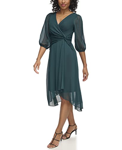 Image of DKNY Women's 3 /4 Balloon Sleeve Twist Front Chiffon Midi Dress