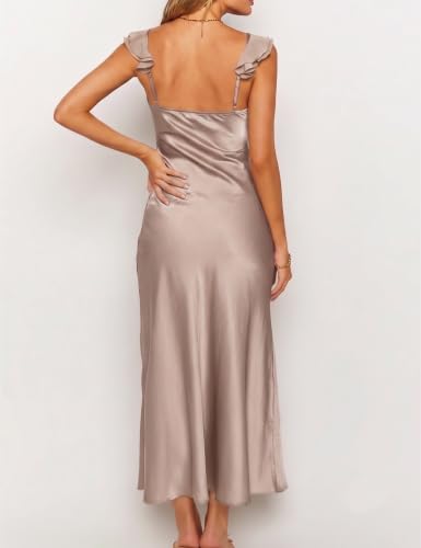 Image of KOUNAI Women's Satin Summer Lace Slit Formal Midi Dress for Wedding Guest | Silk,Elegant,Ruffle Sleeve,Cocktail,Bridesmaid, Beach, Vacation,Party,Adjustable Straps,Graduation,Baby Showe,Engagement