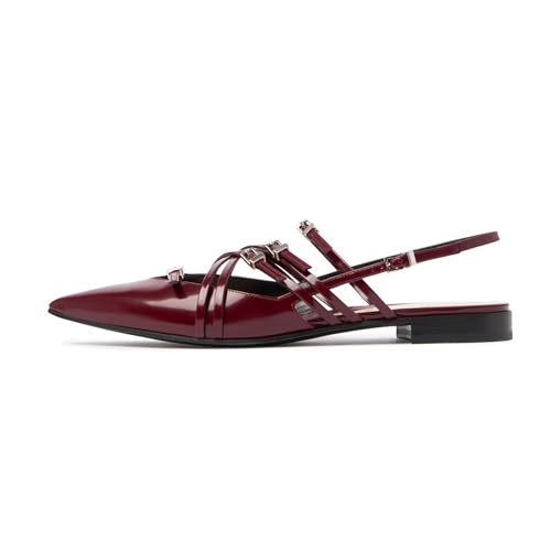 Goolita Patent Leather Buckle Slingback Ballet Flats for Women, Low Heel Pointed Toe Ballerina Shoes Comfortable Strappy Dress Flats Shoes