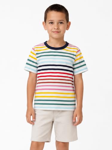 Image of LittleSpring Boys Girls T Shirt Rainbow Striped Cotton Crewneck Tees for Kids Fashion
