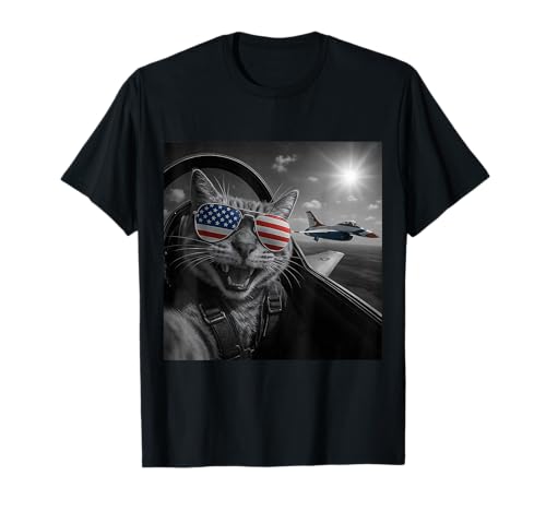 Cat 4th of July Selfie Jet Funny Cat Gifts Men Women Kids T-Shirt