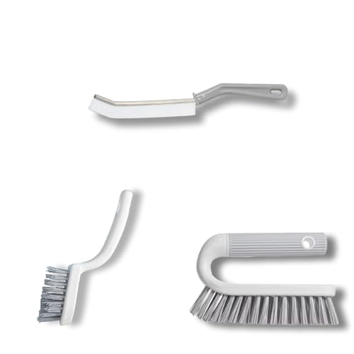 [3-Pack] Heavy Duty Scrub Brush Set with Professional PBT Stiff Bristles, V-Shape Grout Cleaner & Wide Floor Scrubber for Deep Cleaning Bathroom, Shower, Tile and Kitchen Gaps, Non-Slip Grip