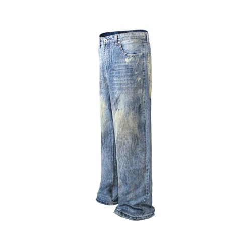 Jeans Pants Trouser Denim Retro Trendy Streetwear Spray Washed Blue Straight Leg for Men3