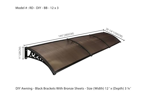 Image of CHENNAI Window Blinds and Shades DIY Polycarbonate Awning (Engineered Plastic Brackets) Window Sunshade Door Weather Shed Rain Canopy Awnings- 12'Widthx3'Depth (Black Brackets & Bronze Sheets)