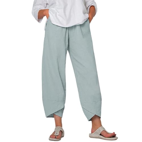 Image of DMOYALA Linen Pants for Women Summer Casual Wide Leg Capri Pants Loose Fit Palazzo Pants Cropped Beach Pants with Pockets