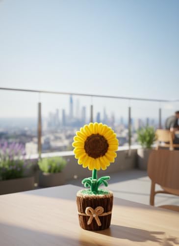 Image of Handmade Artificial Flower Pot for Home Decor | Cute Fuzzy Wire Pipe Cleaner Flower Plant | Aesthetic Tabletop Decorative Pot for Home, Office & Gifting (Soft Bloom :- Yellow)