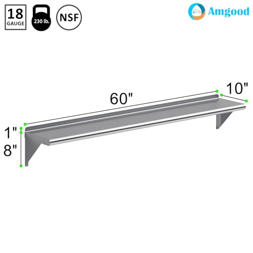 Image of AmGood 10 in. x 60 in. Stainless Steel Wall Shelf | NSF | Metal Shelving | Garage, Laundry, Storage, Utility Room | Restaurant, Commercial Kitchen