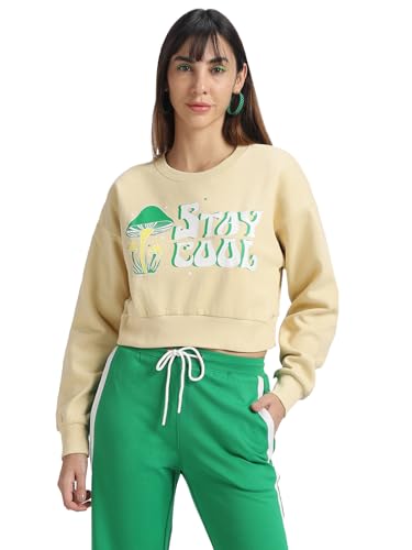 Image of JUNEBERRY Cotton Poly Fleece Regular Fit Beige & Black Graphic Print Full Sleeve Sweatshirt for Women