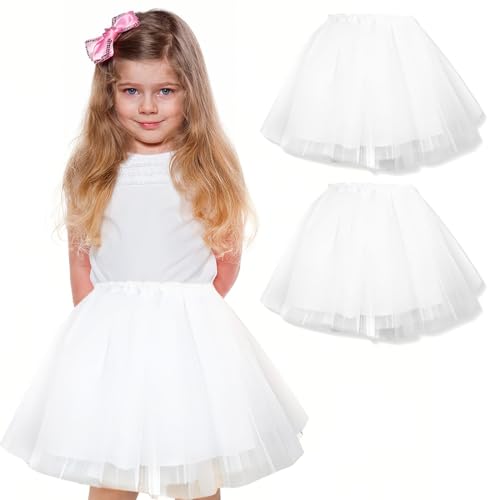 WKRTDY 2x Faldas de Tutú, Falda de Tul para Niñas, Falda de Ballet, Faldas de Baile de Ballet de Tul, Faldas Infantiles Cortas de Tul elástico para niñas, Falda de Tutú de Princesa (Blanco, 3 Capas)